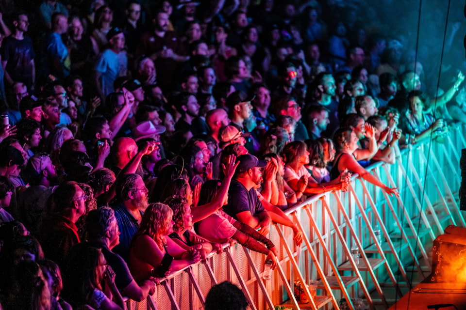 A dense crowd lines the front barricade, cheering and watching a live performance lit by vibrant orange, purple, and blue stage lights.